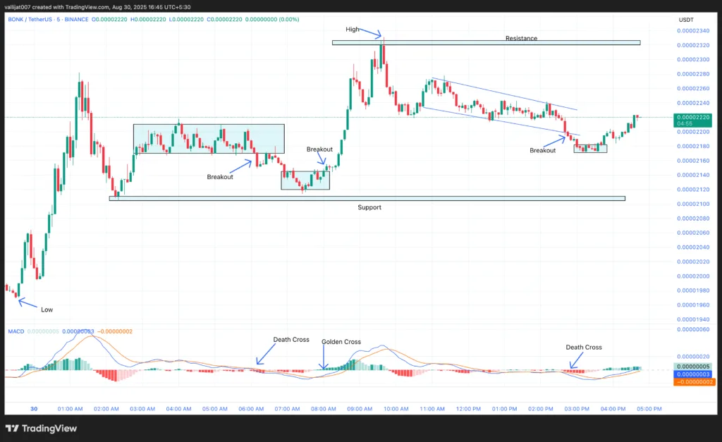 Chart 1: BONK/USDT M5 Chart, Analysed by vallijat007, published on TradingView, August 30, 2025