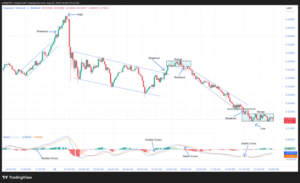 Chart 1: DOGE/USDT M5 Chart, Analysed by Vallijat007, published on TradingView, August 25, 2025