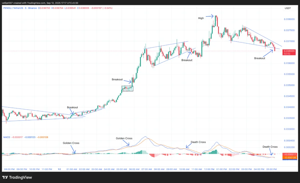 Chart 1: PENGU/USDT M5 Chart, Vallijat007, TradingView, September 12, 2025