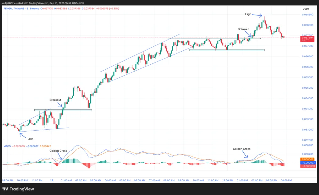Chart 1: PENGU/USDT M5 Chart, Vallijat007, TradingView, September 18, 2025