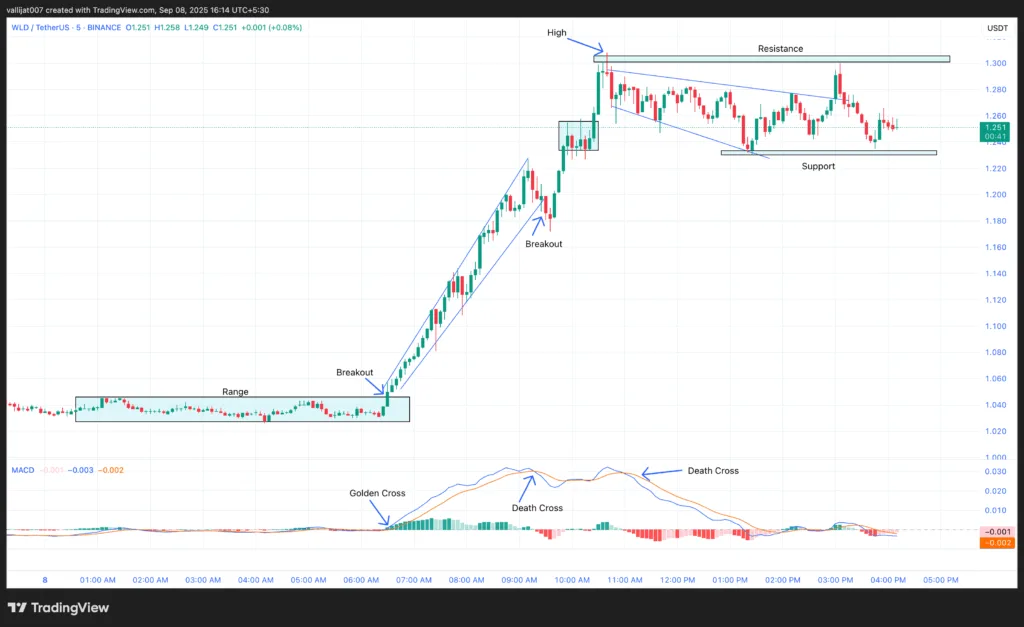 Chart 1: WLD/USDT M5 Chart, Analysed by Vallijat007, published on TradingView, September 8, 2025